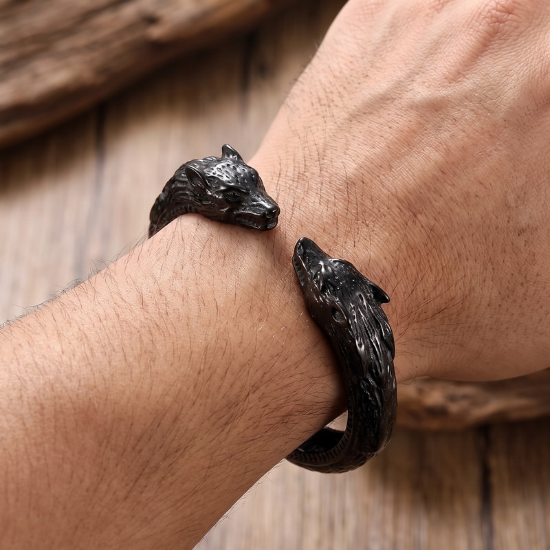 Men Accessories Bd - Bracciale con Doppia Testa di Lupo,